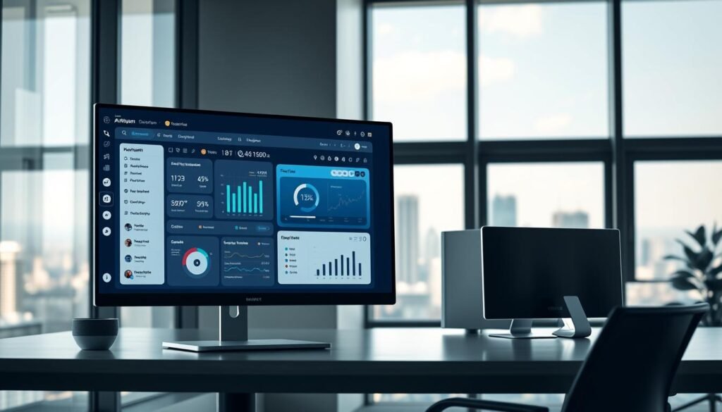 A sleek, modern office scene with a variety of AI-powered productivity tools prominently displayed. In the foreground, a high-resolution touchscreen monitor showcases a user interface with intuitive data visualization and task management features. In the middle ground, a smart voice assistant and a compact, minimalist desktop computer blend seamlessly into the minimalist workspace. The background features floor-to-ceiling windows, letting in natural light and offering a scenic cityscape view. The overall mood is one of efficiency, innovation, and technological empowerment, perfectly capturing the essence of the "Top Features of DealMirror" section.