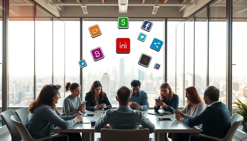 A sleek, modern office setting with a bright, airy atmosphere. In the foreground, a group of people sitting around a table, each holding a smartphone or tablet, engaged in a lively discussion about language learning apps. The middle ground features several app icons floating in the air, showcasing different language learning platforms. In the background, a large window offers a view of a bustling city skyline, with warm, natural lighting filtering in. The overall scene conveys a sense of productivity, collaboration, and a comparative analysis of various language learning solutions.