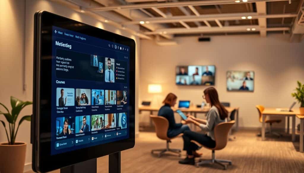 A sleek, modern online learning platform with a clean, responsive interface. The foreground features a large touchscreen display showcasing a selection of courses, with intuitive navigation tools and interactive multimedia content. The middle ground depicts students using tablets and laptops, collaborating in virtual classrooms with instructors visible via video feeds. The background reveals a minimalist, well-lit workspace with ergonomic furniture and subtle branding, conveying a sense of professionalism and productivity. Warm, diffused lighting creates a calm, focused atmosphere, while a shallow depth of field draws the viewer's attention to the central learning experience.