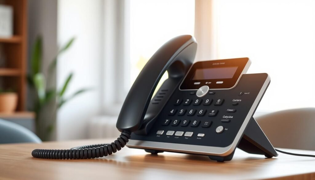 A sleek, modern virtual landline setup with a stylish telephone handset and a minimalist control panel against a backdrop of a partially blurred home office environment. Soft, natural lighting emanates from a window, casting a warm glow on the scene. The telephone's clean lines and muted colors complement the contemporary decor, conveying a sense of simplicity and efficiency. The control panel features intuitive touch controls and discreet status indicators, suggesting the ease of setting up and managing a reliable home or small business phone system. The overall atmosphere is one of technological sophistication seamlessly integrated into a comfortable, productive workspace.