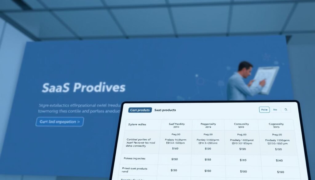 A sleek, modern web application with a clean, minimalist interface. The foreground features a comparison table showcasing various SaaS products, their pricing, and key features. The middle ground depicts a user navigating the platform, exploring deals and selecting options. The background has a subtle grid pattern, representing the data-driven nature of the platform. The lighting is soft and even, creating a professional, trustworthy atmosphere. The camera angle is slightly elevated, giving an overview of the platform's functionality. The color palette is muted, with shades of gray, blue, and white, conveying a sense of reliability and efficiency.