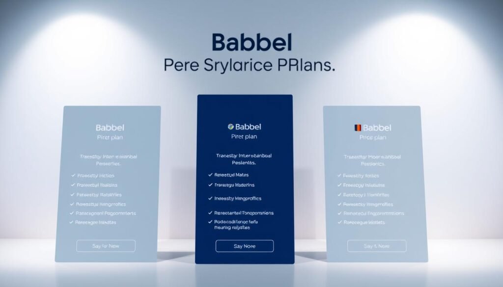 A sleek, well-designed layout showcasing Babbel's pricing plans. In the foreground, three distinct plan options are presented, each with its own icon, feature list, and pricing details. The plans are arranged in a visually appealing grid, with a subtle gradient or textured background adding depth and sophistication. The middle ground features a minimalist, modern typeface highlighting the "Babbel Pricing Plans" section title, complemented by a clean, uncluttered layout. The background evokes a sense of professionalism and approachability, perhaps with a subtle pattern or soft, muted colors that tie the entire scene together. Soft, directional lighting creates depth and highlights the key elements, while a slightly low camera angle conveys a sense of authority and importance.