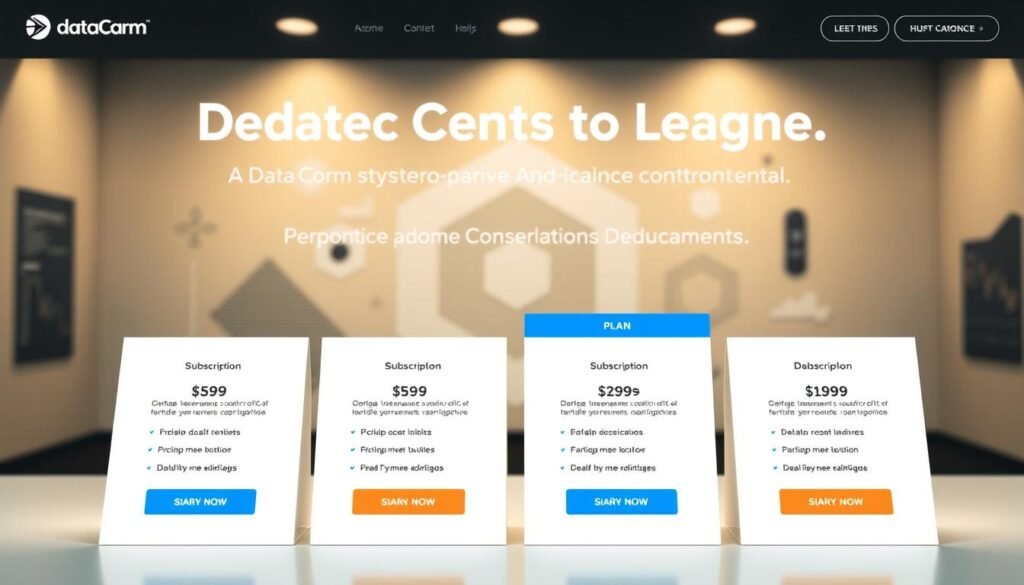 A sophisticated data visualization dashboard showcasing DataCamp's tiered subscription plans. In the foreground, clean and intuitive plan cards with clear pricing, features, and call-to-action buttons. The middle ground features a backdrop of abstract geometric shapes and data visualizations, creating a sense of technology and innovation. The background is illuminated by a soft, warm lighting, casting a professional and trustworthy atmosphere. The overall composition conveys the value proposition of DataCamp's educational offerings in an visually engaging and informative manner.