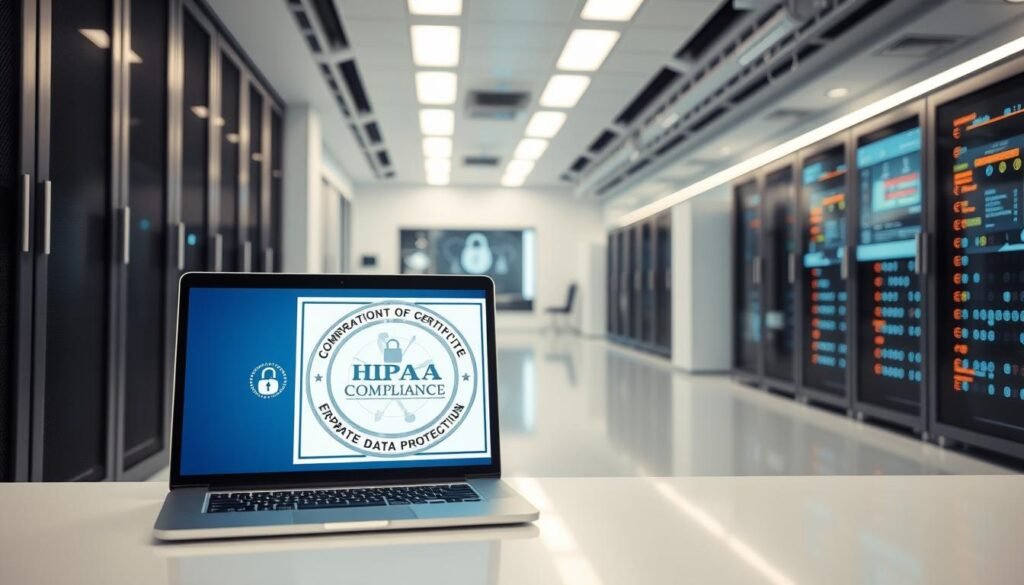 A sterile, well-lit medical laboratory with sleek, modern equipment and technology. In the foreground, a laptop displays a secure login screen, icons for encryption and data protection software. In the middle ground, a 3D render of a HIPAA compliance certificate, its intricate seal and fine print highlighting the importance of data privacy. The background features server racks, blinking LED lights, and a large display screen showcasing a secure data transfer process. The overall atmosphere conveys a sense of professionalism, attention to detail, and a commitment to safeguarding sensitive information. A sterile, well-lit medical laboratory with sleek, modern equipment and technology. In the foreground, a laptop displays a secure login screen, icons for encryption and data protection software. In the middle ground, a 3D render of a HIPAA compliance certificate, its intricate seal and fine print highlighting the importance of data privacy. The background features server racks, blinking LED lights, and a large display screen showcasing a secure data transfer process. The overall atmosphere conveys a sense of professionalism, attention to detail, and a commitment to safeguarding sensitive information.