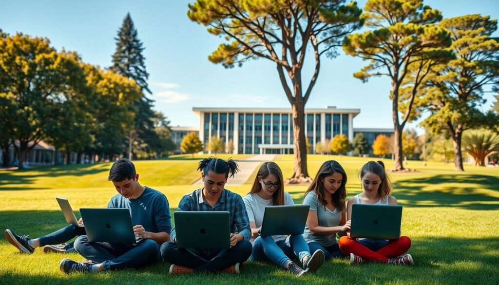 A sunlit university campus, with students engaged in online courses on their laptops and tablets. The foreground features a group of young adults sitting on a grassy quad, their faces illuminated by the warm glow of their screens. In the middle ground, a modern academic building with clean lines and large windows stands tall, symbolizing the institution's commitment to digital education. The background showcases a picturesque landscape, with towering trees and a clear blue sky, creating a serene and inviting atmosphere. The lighting is soft and natural, casting gentle shadows and highlighting the students' focused expressions. The overall scene conveys a sense of productivity, innovation, and the seamless integration of technology into the university experience.