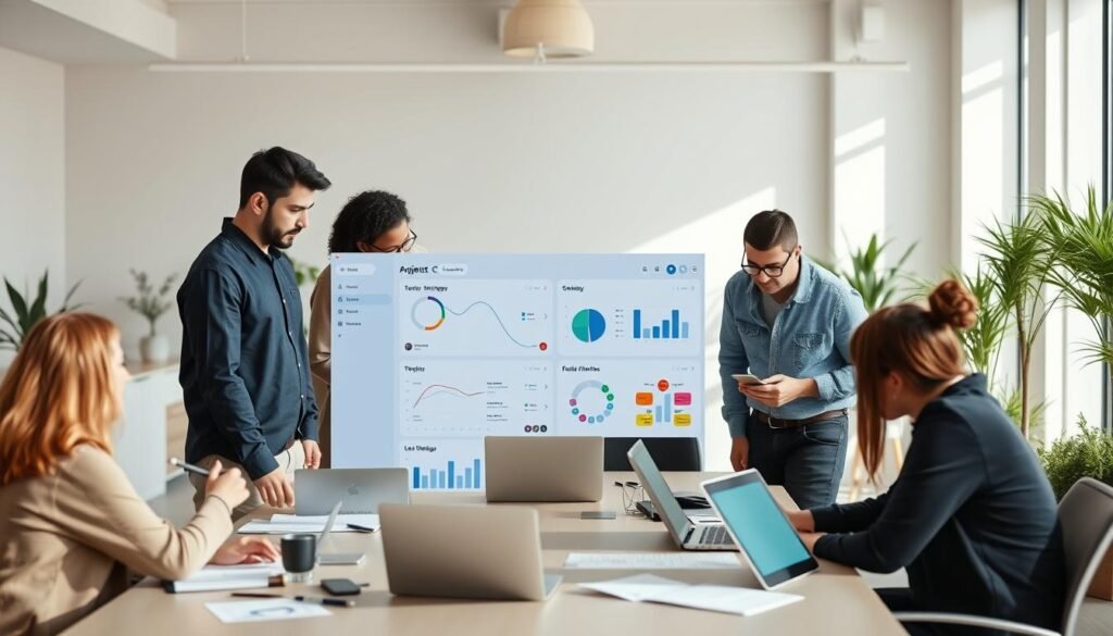 A team of diverse professionals collaborating on a modern project management software interface. The foreground features a clean, intuitive dashboard with interactive charts, task boards, and calendar views. In the middle ground, team members discuss strategies around a conference table, laptops open and notes scattered. The background showcases an airy, sun-lit office space with minimalist decor and potted plants, conveying a sense of productivity and creativity. Soft, directional lighting accentuates the clean lines and muted color palette. The overall atmosphere is one of organized efficiency and teamwork.