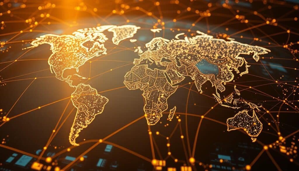A vast, interconnected network of servers spanning the globe, humming with the constant flow of digital data. The image depicts a dynamic, three-dimensional visualization of this global infrastructure, with servers and cables forming intricate patterns against a backdrop of continents and oceans. Warm, golden lighting casts a serene glow, highlighting the seamless integration of technology and geography. The perspective is slightly elevated, allowing the viewer to take in the sheer scale and complexity of this secure, reliable network that underpins modern digital communication and commerce. The overall impression conveys a sense of power, efficiency, and the essential role that VPNs like NordVPN play in safeguarding this critical global infrastructure.