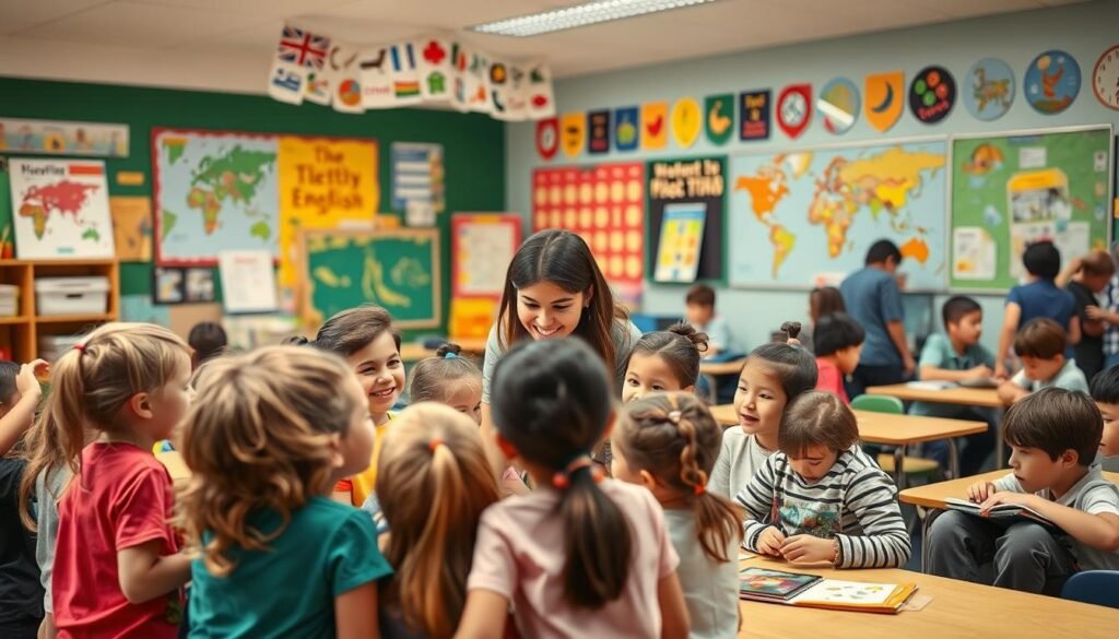 A vibrant and engaging classroom setting, filled with energetic children engaged in a variety of fun English learning activities. In the foreground, a group of young students gathered around a teacher, who is guiding them through an interactive game or lesson, their faces alight with enthusiasm. In the middle ground, colorful educational posters, maps, and visual aids adorn the walls, creating a stimulating and visually stimulating environment. In the background, other students work independently or in small groups, exploring educational materials and resources. The lighting is warm and inviting, and the overall atmosphere conveys a sense of joy, discovery, and active learning. A vibrant and engaging classroom setting, filled with energetic children engaged in a variety of fun English learning activities. In the foreground, a group of young students gathered around a teacher, who is guiding them through an interactive game or lesson, their faces alight with enthusiasm. In the middle ground, colorful educational posters, maps, and visual aids adorn the walls, creating a stimulating and visually stimulating environment. In the background, other students work independently or in small groups, exploring educational materials and resources. The lighting is warm and inviting, and the overall atmosphere conveys a sense of joy, discovery, and active learning.