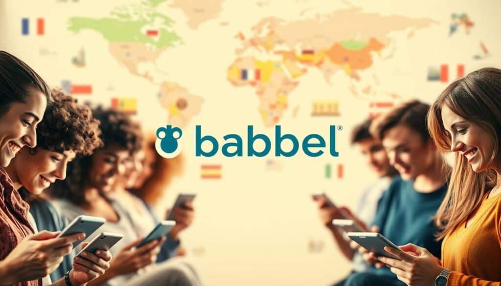 A vibrant and visually engaging image of the Babbel language learning platform. In the foreground, a diverse group of learners actively engaged with the Babbel app on their digital devices, their faces alight with concentration and enthusiasm. The middle ground showcases the Babbel logo and branding, prominently displayed against a soft, blurred background. The background features a collage of world maps, flags, and cultural iconography, symbolizing Babbel's global reach and the breadth of languages it covers. The lighting is warm and inviting, creating a sense of comfort and accessibility. The overall composition is balanced and harmonious, conveying the idea of Babbel as a comprehensive and user-friendly language learning solution.