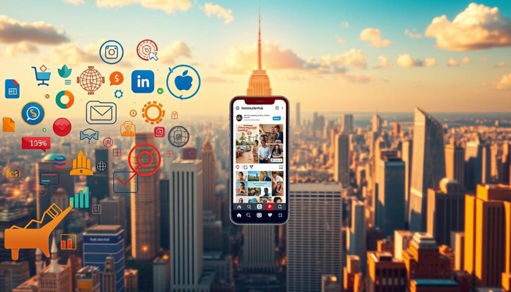 A vibrant and visually striking illustration of the key benefits of using InstaclubHub for business growth on Instagram. In the foreground, a dynamic collage of diverse business icons, graphs, and social media metrics, all radiating an air of digital energy and success. In the middle ground, a striking mobile device displaying an Instagram feed filled with engaging content, reflecting the platform's power to captivate audiences. The background features a sleek, modern city skyline, symbolizing the global reach and scale of Instagram's influence. The overall scene is bathed in a warm, golden light, conveying a sense of prosperity and opportunity. Detailed, photorealistic rendering with a cinematic, high-resolution quality. A vibrant and visually striking illustration of the key benefits of using InstaclubHub for business growth on Instagram. In the foreground, a dynamic collage of diverse business icons, graphs, and social media metrics, all radiating an air of digital energy and success. In the middle ground, a striking mobile device displaying an Instagram feed filled with engaging content, reflecting the platform's power to captivate audiences. The background features a sleek, modern city skyline, symbolizing the global reach and scale of Instagram's influence. The overall scene is bathed in a warm, golden light, conveying a sense of prosperity and opportunity. Detailed, photorealistic rendering with a cinematic, high-resolution quality.
