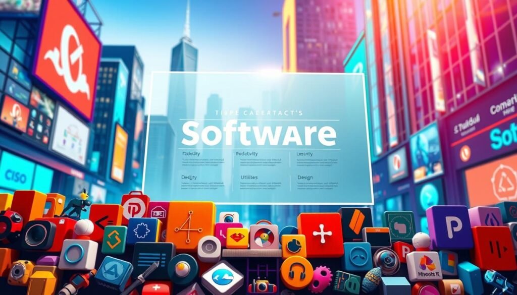 A vibrant, colorful display of popular software deal categories, captured in a dynamic, highly-detailed illustration. The foreground features a collection of distinctive icons and symbols representing various software genres - productivity, entertainment, utilities, design, and more. The middle ground showcases a sleek, minimalist layout with clean typography and elegant spacing, hinting at an intuitive user interface. The background depicts a bustling, tech-savvy environment, with skyscrapers, digital screens, and a subtle gradient that suggests a digital realm. Illuminated by warm, diffused lighting and captured from a slightly elevated, three-quarter angle, the overall scene conveys a sense of modern, streamlined sophistication.