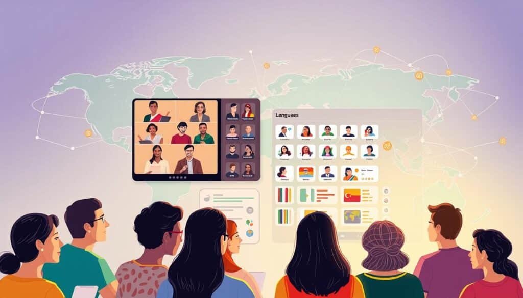 A vibrant, colorful illustration of a global language learning platform. In the foreground, a diverse group of individuals from various cultural backgrounds engage in interactive lessons, their faces lit by the warm glow of a high-resolution video conferencing interface. In the middle ground, a sleek, intuitive dashboard showcases a vast library of language courses, seamlessly integrating audio, visual, and textual resources. The background depicts a stylized world map, with pulsing connectivity lines linking learners across continents, symbolizing the platform's global reach and accessibility. The scene is illuminated by a soft, natural lighting, creating a sense of inviting, collaborative learning environment.