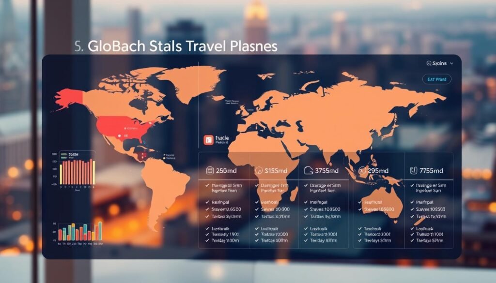 A vibrant, data-rich display of global travel plans, showcasing a sleek, minimalist interface. In the foreground, a stylized world map with dynamic data visualizations, pulsing with color-coded information on international coverage, data speeds, and pricing tiers. The middle ground features clean, elegant typography detailing the various plan options, with subtle icons and infographic elements. The background is a soft, blurred cityscape, hinting at the vast connectivity and convenience of Saily's eSIM solution. Warm, directional lighting creates a sense of clarity and professionalism, while a shallow depth of field draws the viewer's focus to the central data presentation. The overall tone is one of streamlined efficiency, global accessibility, and technological sophistication.