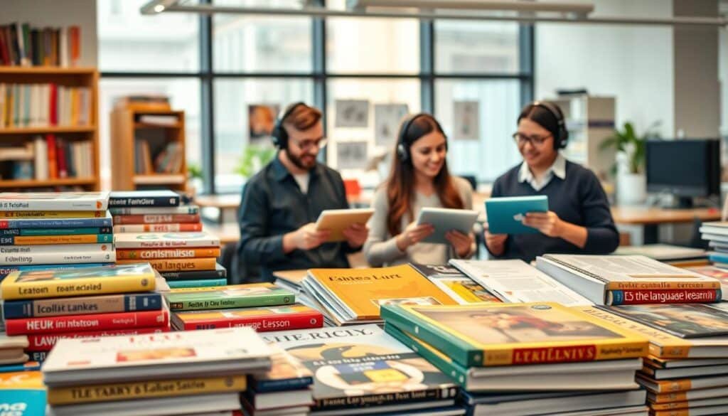 A vibrant, diverse collection of language learning courses displayed in an organized, visually appealing manner. The foreground showcases various textbooks, workbooks, and multimedia resources in multiple languages, arranged neatly on shelves or desks. The middle ground features smiling students engaged in interactive lessons, using tablets, headphones, and other digital tools. The background depicts a modern, well-lit classroom or language learning center, with large windows allowing natural light to flood the space. The overall mood is one of productivity, focus, and a passion for acquiring new linguistic skills. The lighting is warm and inviting, creating a welcoming atmosphere for learners of all levels.
