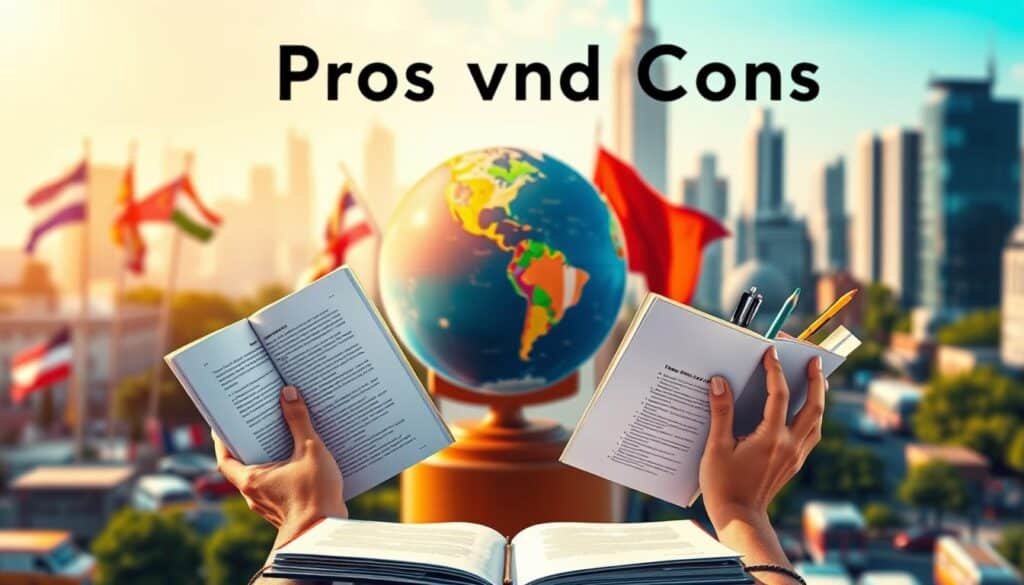 A vibrant illustration of the pros and cons of language learning, showcased against a backdrop of diverse cultural elements. In the foreground, a learner's hands hold open books, pens, and notepads, symbolizing the dedicated effort required. In the middle ground, a globe and international flags represent the global reach and multilingual benefits of language mastery. In the background, a blurred cityscape with skyscrapers and bustling streets conveys the practical, career-advancing advantages of being multilingual. The scene is illuminated by warm, directional lighting, creating a sense of purpose and contemplation. The overall tone is one of careful consideration, balancing the challenges and rewards of language acquisition.