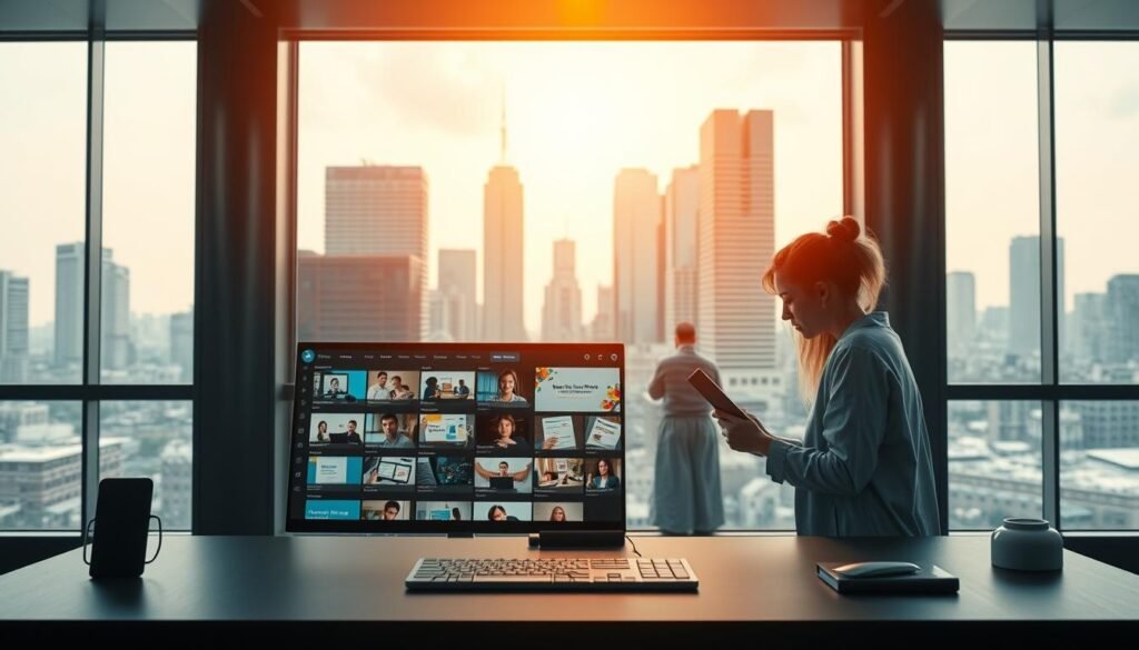 A vibrant online learning platform set against a sleek, modern backdrop. The foreground features a clean, intuitive user interface with a range of course offerings, showcasing the breadth of educational opportunities. The middle ground depicts engaged learners interacting with interactive course materials, reflecting the dynamic and immersive nature of the platform. In the background, a cityscape with towering skyscrapers symbolizes the global reach and accessibility of the online learning experience. Warm, directional lighting casts a welcoming glow, while a crisp, cinematic lens captures the scene with a sense of depth and professionalism.