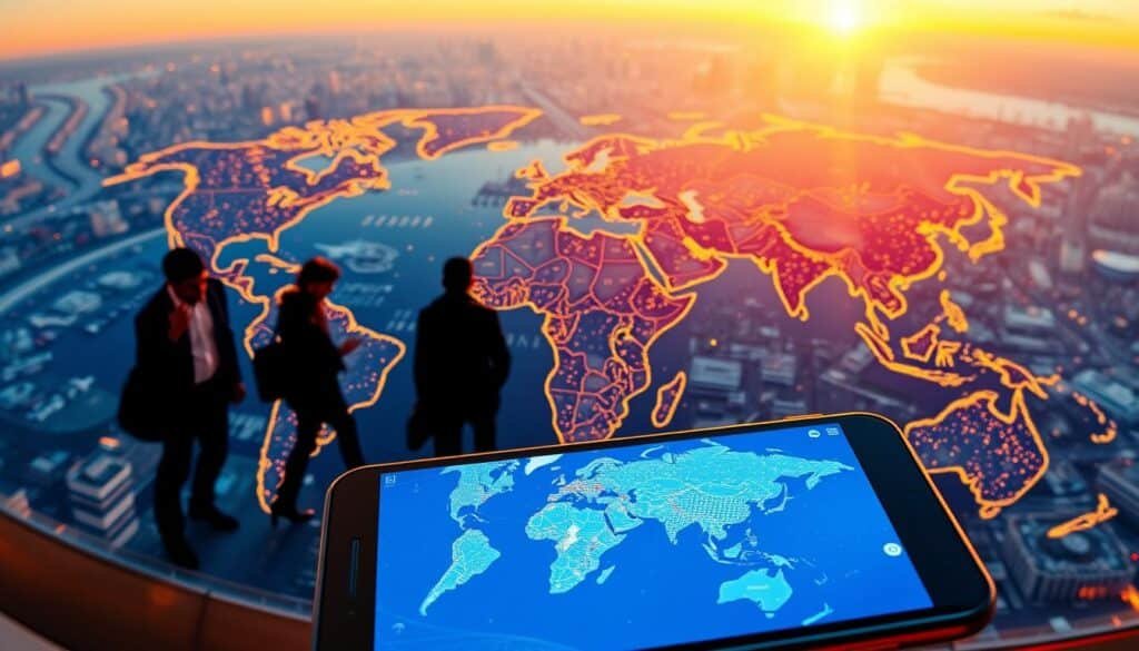 A vibrant, panoramic view of the globe, illuminated by a warm, golden glow. In the foreground, a sleek, modern smartphone displays a seamless global connectivity map, its interface showcasing the Saily eSIM coverage across continents. The middle ground features silhouettes of business travelers, their devices tethered to the global network. In the background, a tapestry of cityscapes, landmarks, and transportation hubs, representing the worldwide reach of the Saily eSIM solution. The composition conveys a sense of ease, efficiency, and the boundless possibilities of global travel, empowered by the technology at hand.