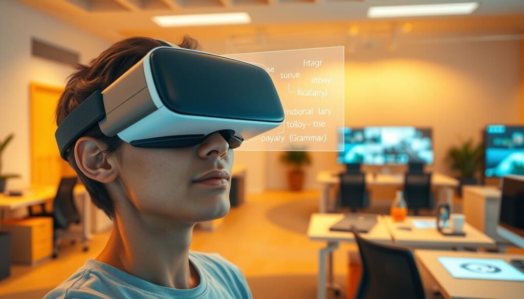 A vibrant, photorealistic scene of a person immersed in a virtual reality language learning experience. The foreground features a person wearing a sleek VR headset, with a serene expression as they navigate a vivid 3D environment filled with interactive language lessons. The middle ground showcases a holographic projection of vocabulary and grammar concepts, surrounded by a clean, minimalist interface. In the background, a softly lit workspace with modern workstations and digital displays, creating a futuristic, technology-driven atmosphere. Warm, diffused lighting illuminates the scene, emphasizing the seamless integration of virtual and physical spaces. The overall mood is one of immersive, cutting-edge language learning, reflecting the innovative nature of Mondly's VR and AR offerings.