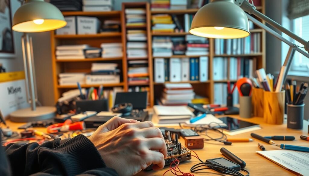 A vibrant scene of hands-on learning projects for career growth. In the foreground, a person's hands diligently assembling electronic components on a circuit board, illuminated by the warm glow of desk lamps. In the middle ground, various tools and materials are neatly arranged, reflecting the methodical approach to skill-building. The background features a bookshelf filled with technical manuals and online course materials, conveying a sense of self-directed learning and professional development. The overall atmosphere is one of focused concentration, creativity, and a dedication to acquiring valuable, hands-on skills for career advancement.