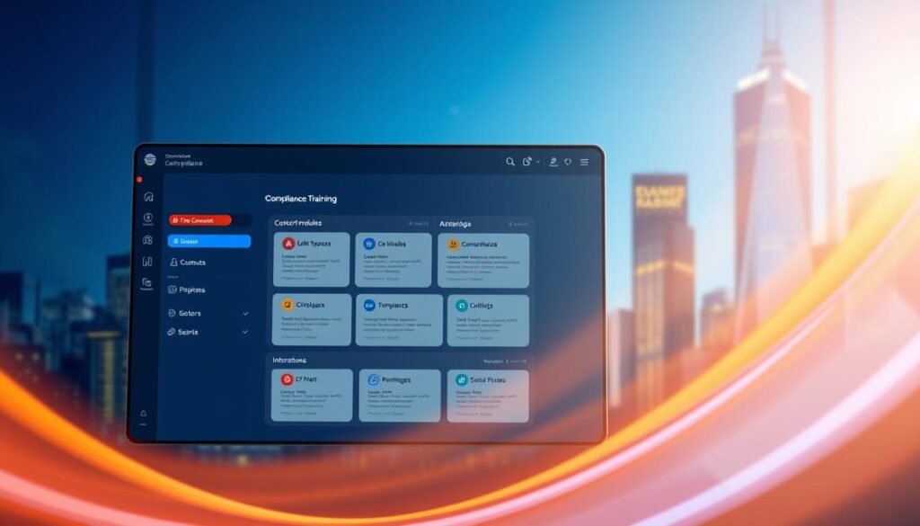 A vibrant, sleek software interface showcasing compliance training tools. In the foreground, a modern dashboard displays customizable modules and interactive lessons. Soft lighting casts a professional glow, while the background features a stylized cityscape, conveying a sense of urban efficiency. The overall design radiates a polished, user-friendly experience that simplifies complex compliance requirements. Subtle gradients and clean typography enhance the visually appealing and intuitive layout, making the software an invaluable asset for businesses seeking to streamline their compliance and training needs. A vibrant, sleek software interface showcasing compliance training tools. In the foreground, a modern dashboard displays customizable modules and interactive lessons. Soft lighting casts a professional glow, while the background features a stylized cityscape, conveying a sense of urban efficiency. The overall design radiates a polished, user-friendly experience that simplifies complex compliance requirements. Subtle gradients and clean typography enhance the visually appealing and intuitive layout, making the software an invaluable asset for businesses seeking to streamline their compliance and training needs.