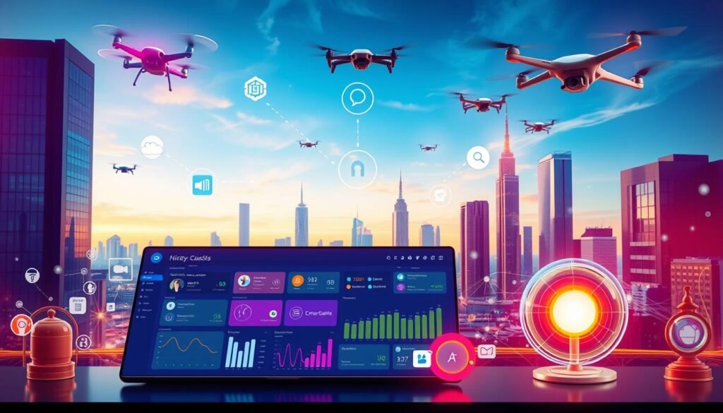 A vibrant, visually striking scene showcasing a variety of nifty software integrations. In the foreground, a sleek, modern dashboard displays seamless data flow between productivity apps, task managers, and communication tools. In the middle ground, dynamic icons and colorful visualizations illustrate the effortless synergy between these integrated systems. The background features a futuristic cityscape, with skyscrapers and hovering drones, hinting at the cutting-edge technology powering these robust software integrations. The overall atmosphere radiates efficiency, innovation, and a sense of endless possibilities for streamlining team workflows.