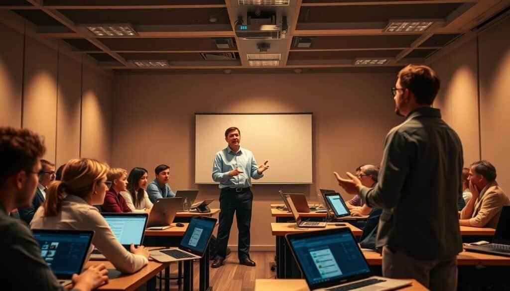 A vibrant, well-lit classroom setting with an instructor leading an engaging live session, standing at the front of the room. The students are attentively focused, laptops open, and the room is filled with a sense of collaborative learning. Soft, directional lighting illuminates the scene, casting warm shadows and highlighting the instructor's animated gestures. The camera angle is slightly elevated, capturing the dynamic interaction between the instructor and students. The overall atmosphere exudes a sense of professionalism, interactivity, and the opportunity for personal growth.