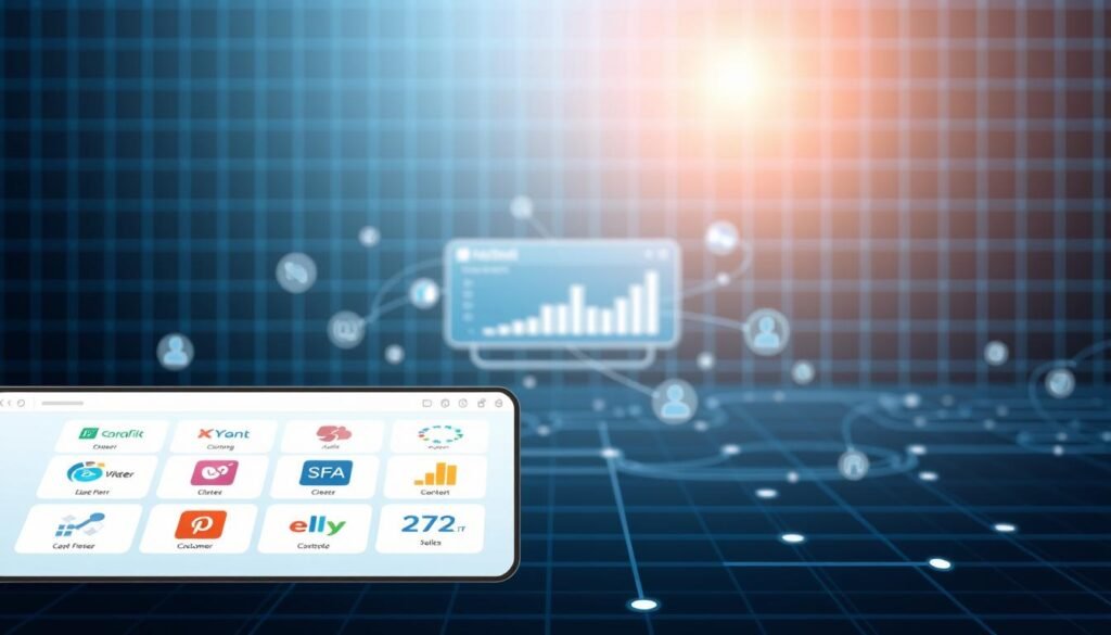 A visually striking illustration of Nutshell.com's third-party integrations. In the foreground, a clean and modern interface showcases various app icons, seamlessly integrated to streamline sales processes and customer management. The middle ground features abstract data visualizations, representing the flow of information between these integrated systems. In the background, a subtle grid pattern suggests the underlying technological infrastructure, while soft lighting casts a warm, professional glow over the entire scene. The overall composition conveys a sense of efficiency, connectivity, and the power of Nutshell.com's comprehensive ecosystem of compatible tools. A visually striking illustration of Nutshell.com's third-party integrations. In the foreground, a clean and modern interface showcases various app icons, seamlessly integrated to streamline sales processes and customer management. The middle ground features abstract data visualizations, representing the flow of information between these integrated systems. In the background, a subtle grid pattern suggests the underlying technological infrastructure, while soft lighting casts a warm, professional glow over the entire scene. The overall composition conveys a sense of efficiency, connectivity, and the power of Nutshell.com's comprehensive ecosystem of compatible tools.
