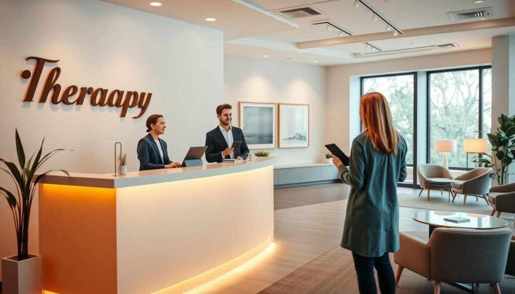 A welcoming, modern office setting with a prominent "Therapy" sign hanging on the wall. In the foreground, a calming, minimalist reception desk with a warm, inviting ambiance. Behind the desk, a stylishly dressed counselor greets a patient, guiding them through the sign-up process on a tablet. The middle ground showcases a tranquil waiting area with plush seating and soothing artwork. The background features large windows, allowing natural light to flood the space, creating a serene, therapeutic atmosphere. A welcoming, modern office setting with a prominent "Therapy" sign hanging on the wall. In the foreground, a calming, minimalist reception desk with a warm, inviting ambiance. Behind the desk, a stylishly dressed counselor greets a patient, guiding them through the sign-up process on a tablet. The middle ground showcases a tranquil waiting area with plush seating and soothing artwork. The background features large windows, allowing natural light to flood the space, creating a serene, therapeutic atmosphere.