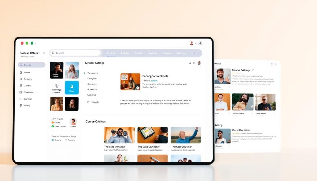 A well-designed learning platform interface with a clean, modern aesthetic. The foreground features a minimalist dashboard layout with customizable tiles, intuitive navigation menus, and a clear, uncluttered user experience. The middle ground showcases a dynamic course catalog, with high-quality thumbnails, concise descriptions, and an engaging course selection process. The background includes a soft, neutral color palette that promotes focus and attention, with subtle textures and gradients that add depth and sophistication. Warm, diffused lighting creates a welcoming atmosphere, while a balanced camera angle captures the platform's seamless integration of functionality and aesthetics.