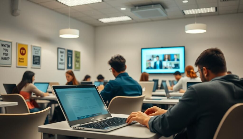A well-lit classroom setting with a group of diverse students intently focused on their laptops, surrounded by minimalist desks and chairs. The walls are adorned with motivational posters and a large monitor displaying online course material. Soft, diffused lighting emanates from overhead lamps, creating a warm, productive atmosphere. In the foreground, a student's hands type furiously on the keyboard, immersed in their online learning experience. The overall scene conveys a sense of intellectual engagement and the seamless integration of digital education into the physical learning environment.