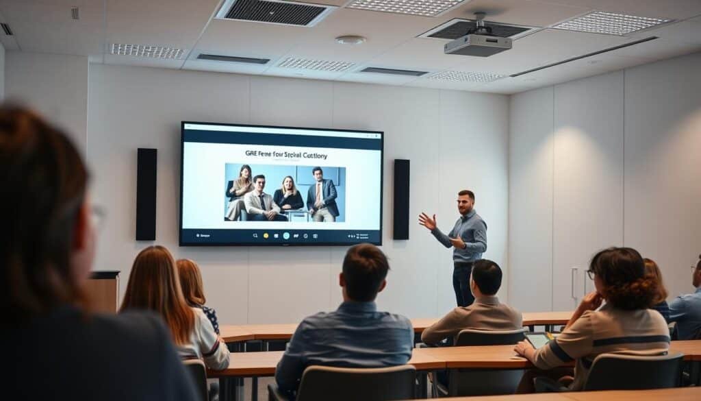 A well-lit classroom with a large display screen showing a GRE prep video lesson. The instructor is gesturing towards the screen, engaging the students. The classroom has contemporary furniture and a minimalist design, creating a focused, professional atmosphere. Soft, directional lighting illuminates the scene, creating depth and highlighting the video display. The students are seated attentively, their expressions indicating active learning. The overall composition conveys a dynamic, educational setting tailored for effective GRE preparation.