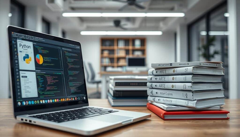A well-lit, high-quality photograph showcasing a dynamic data science learning experience. In the foreground, a laptop screen displays Python and R coding interfaces, with vibrant visualizations and data analysis tools. In the middle ground, neatly stacked course materials, including textbooks and study guides, convey a sense of structured learning. The background features a modern, minimalist office setting, with clean lines, neutral tones, and ample natural lighting, creating a professional and focused atmosphere. The overall composition conveys a sense of diligence, expertise, and the pursuit of data-driven insights.