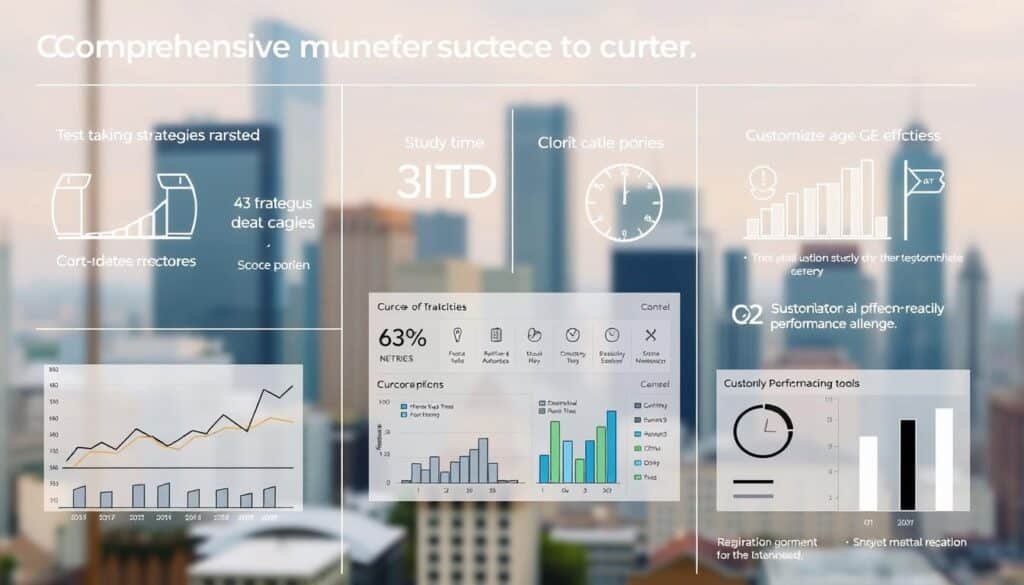 A well-lit, high-resolution infographic displaying comprehensive GRE prep success metrics. In the foreground, a series of elegant, hand-drawn graphs and charts highlighting key performance indicators such as score improvements, test-taking strategies mastered, and study time efficiency. The middle ground features a sleek, minimalist dashboard showcasing customizable performance tracking tools. In the background, a soft, blurred cityscape with skyscrapers symbolizing academic achievement. The overall mood is professional, data-driven, and inspirational, conveying the transformative power of effective GRE preparation.