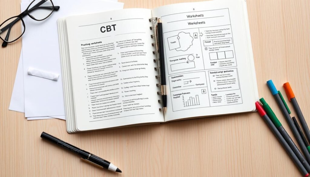 A well-lit, high-resolution still life of an open notebook with carefully hand-drawn CBT worksheets, alongside a pen, a pair of glasses, and a few colorful markers arranged on a clean, minimalist wooden desk. The worksheets feature a mix of text, diagrams, and charts, with a calming, earthy color palette. The overall mood is one of focus, productivity, and self-reflection, inviting the viewer to engage with the tools of cognitive-behavioral therapy. A well-lit, high-resolution still life of an open notebook with carefully hand-drawn CBT worksheets, alongside a pen, a pair of glasses, and a few colorful markers arranged on a clean, minimalist wooden desk. The worksheets feature a mix of text, diagrams, and charts, with a calming, earthy color palette. The overall mood is one of focus, productivity, and self-reflection, inviting the viewer to engage with the tools of cognitive-behavioral therapy.