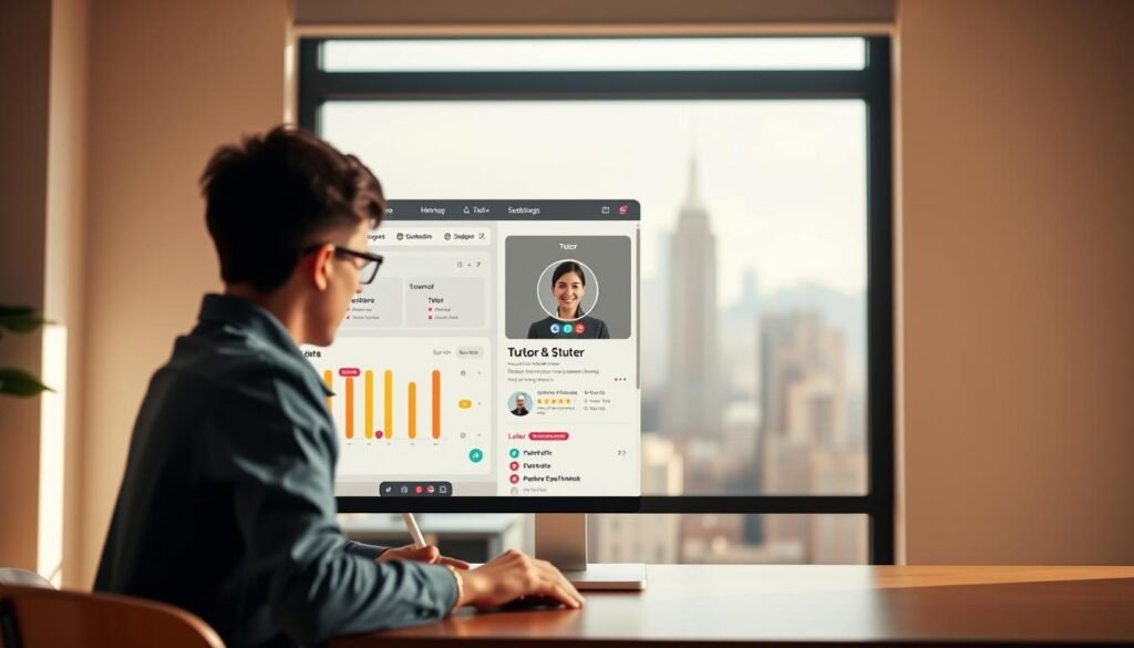 A well-lit, modern online tutoring platform interface with a clean, intuitive layout. The foreground displays a student's dashboard, featuring a calendar, upcoming sessions, and a video call window. The middle ground showcases a tutor's profile, including their expertise, ratings, and availability. The background depicts a soft, blurred cityscape, conveying a sense of professionalism and connectivity. The lighting is natural, with warm tones and gentle shadows, creating a welcoming and productive atmosphere. The overall composition emphasizes the ease of navigation and the personalized nature of the online tutoring experience.