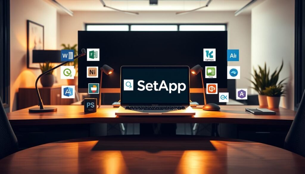 An office workspace with a prominent desk showcasing a laptop displaying the SetApp logo, surrounded by various software application icons representing alternative productivity suites. The desk is illuminated by warm, directional lighting, casting shadows that create a sense of depth and emphasize the central focus. In the background, a clean, minimalist interior design with neutral tones and subtle hints of nature, such as potted plants, convey a calm and professional atmosphere. The overall composition highlights the comparison between SetApp and its competitors, inviting the viewer to consider the advantages of the SetApp platform.