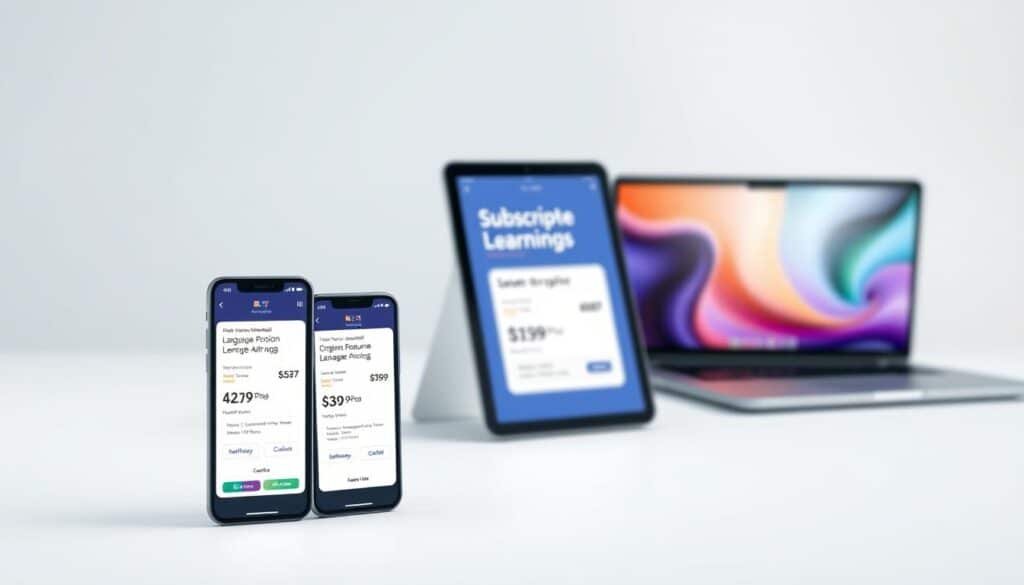 High-quality, well-lit 3D render of various mobile devices displaying subscription options for a language learning app. The foreground features the app's interface on a smartphone, tablet, and laptop, showcasing different subscription tiers and pricing. The middle ground depicts the devices arranged artfully with clean lines and modern materials. The background has a soft, blurred gradient in a light, calming color palette to focus attention on the app's features. The overall composition conveys a sense of flexibility, accessibility, and a premium educational experience.