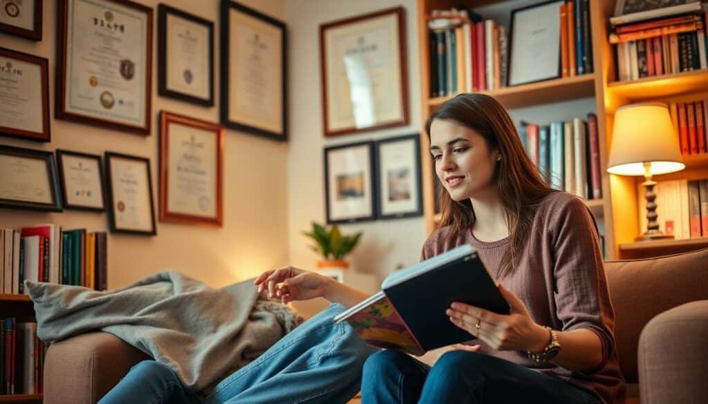 Personalized English lessons with native tutors. A warm, cozy study setting with a tutor and student engaged in an interactive lesson. Soft, natural lighting illuminates the scene, creating a welcoming atmosphere. The tutor, dressed casually yet professionally, leans forward, their face animated as they explain a concept. The student, notebook in hand, listens intently, brow furrowed in concentration. Framed certificates and diplomas adorn the walls, conveying the tutor's expertise. Shelves of books and learning materials suggest a rich, customized curriculum. The overall mood is one of personalized, attentive instruction, inspiring the student's English language mastery. Personalized English lessons with native tutors. A warm, cozy study setting with a tutor and student engaged in an interactive lesson. Soft, natural lighting illuminates the scene, creating a welcoming atmosphere. The tutor, dressed casually yet professionally, leans forward, their face animated as they explain a concept. The student, notebook in hand, listens intently, brow furrowed in concentration. Framed certificates and diplomas adorn the walls, conveying the tutor's expertise. Shelves of books and learning materials suggest a rich, customized curriculum. The overall mood is one of personalized, attentive instruction, inspiring the student's English language mastery.