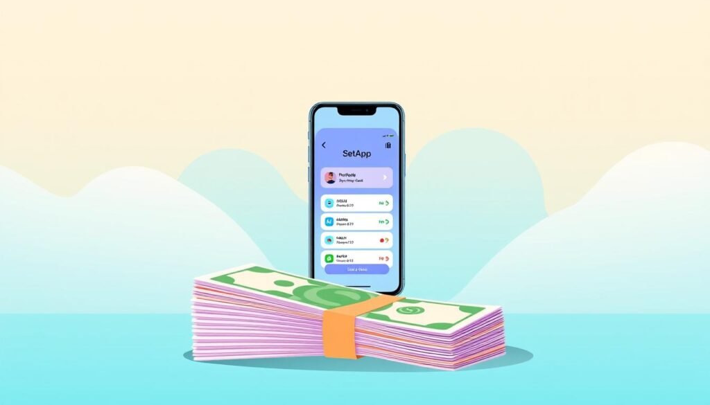 Prompt A vibrant, minimalist illustration depicting the cost savings of using app subscriptions. In the foreground, a stack of currency notes symbolizes the financial benefits, with a serene, cloud-like background of pastel blues and greens. The middle ground features a sleek, modern smartphone displaying a simplified subscription management interface, highlighting the convenience and control offered by the SetApp platform. The overall scene conveys a sense of efficiency, organization, and a clean, modern aesthetic, reflecting the productivity-enhancing features of the SetApp service.