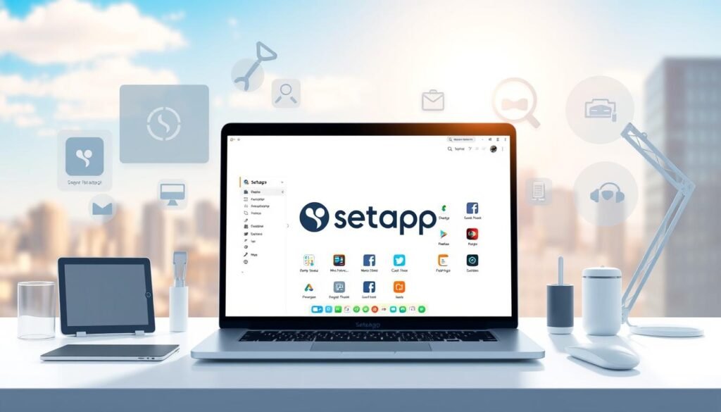 a professional, highly detailed digital illustration of the SetApp subscription service, featuring a clean and modern design. The main focus is a sleek, minimalist laptop computer displaying the SetApp app launcher interface, set against a bright, sun-drenched backdrop with a soft, blurred city skyline in the distance. The laptop is positioned prominently in the foreground, reflecting the simplicity and ease of use of the SetApp platform. Surrounding the laptop are various digital devices and productivity tools, seamlessly integrated to showcase the comprehensive nature of the SetApp ecosystem. The overall scene conveys a sense of productivity, efficiency, and the seamless integration of technology in everyday life.