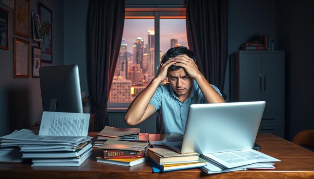 an online learning platform with a desk, computer, and textbooks in a dimly lit room, suggesting limited resources and technical constraints; the learner appears frustrated, their head in their hands, with a laptop and course materials strewn about, conveying the challenges and limitations of remote education; a window in the background shows a vibrant, bustling city outside, highlighting the disconnect between the virtual classroom and the dynamic real world, creating a sense of isolation and confinement.