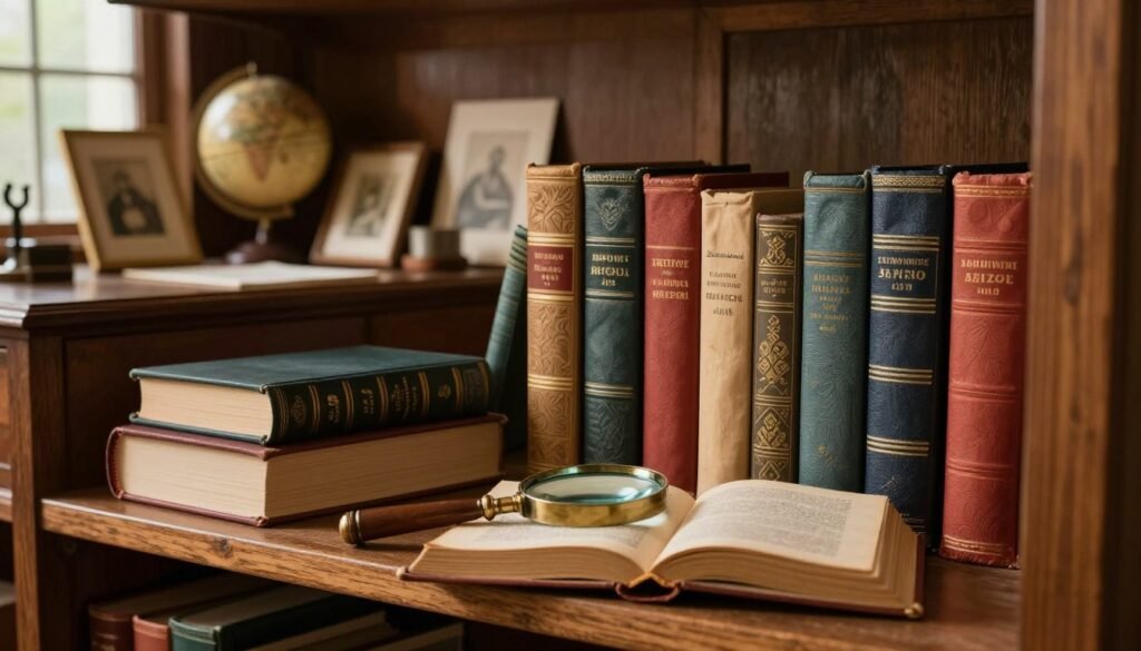 A beautifully arranged collection of antique and rare books, showcasing a variety of colorful spines and intricate covers, stacked on an old wooden bookshelf. In the foreground, a vintage magnifying glass rests atop an open book with yellowed pages, inviting exploration. The middle layer features an elegant desk with decorative art pieces and collectibles like a globe and fine art prints leaning against the wall. The background displays a softly lit library setting with warm, ambient lighting filtering through large windows, casting gentle shadows. The atmosphere is cozy and scholarly, evoking a sense of discovery and nostalgia. The scene is captured with a shallow depth of field, focusing on the books and collectibles, creating an inviting and reflective mood. A beautifully arranged collection of antique and rare books, showcasing a variety of colorful spines and intricate covers, stacked on an old wooden bookshelf. In the foreground, a vintage magnifying glass rests atop an open book with yellowed pages, inviting exploration. The middle layer features an elegant desk with decorative art pieces and collectibles like a globe and fine art prints leaning against the wall. The background displays a softly lit library setting with warm, ambient lighting filtering through large windows, casting gentle shadows. The atmosphere is cozy and scholarly, evoking a sense of discovery and nostalgia. The scene is captured with a shallow depth of field, focusing on the books and collectibles, creating an inviting and reflective mood.