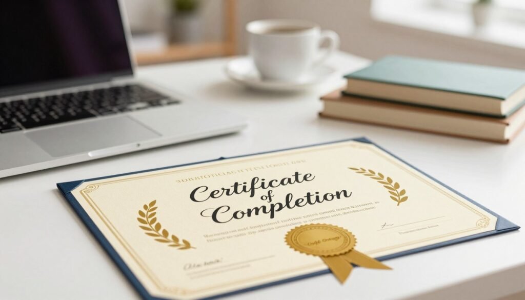 A beautifully designed certificate of completion, featuring elegant borders and a gold seal, prominently displayed in the foreground. The certificate should have stylized text indicating "Certificate of Completion" in artistic calligraphy, surrounded by decorative elements like laurel leaves. In the middle ground, a soft-focus desk with a laptop, books, and a coffee cup adds a professional yet inviting atmosphere, suggesting online learning. The background is softly blurred, featuring a cozy study or office setting with warm lighting, exuding a sense of achievement and motivation. The lighting is bright yet soft, creating an uplifting mood, captured from a slightly elevated angle to showcase the certificate prominently, inviting the viewer to feel a sense of accomplishment. A beautifully designed certificate of completion, featuring elegant borders and a gold seal, prominently displayed in the foreground. The certificate should have stylized text indicating "Certificate of Completion" in artistic calligraphy, surrounded by decorative elements like laurel leaves. In the middle ground, a soft-focus desk with a laptop, books, and a coffee cup adds a professional yet inviting atmosphere, suggesting online learning. The background is softly blurred, featuring a cozy study or office setting with warm lighting, exuding a sense of achievement and motivation. The lighting is bright yet soft, creating an uplifting mood, captured from a slightly elevated angle to showcase the certificate prominently, inviting the viewer to feel a sense of accomplishment.