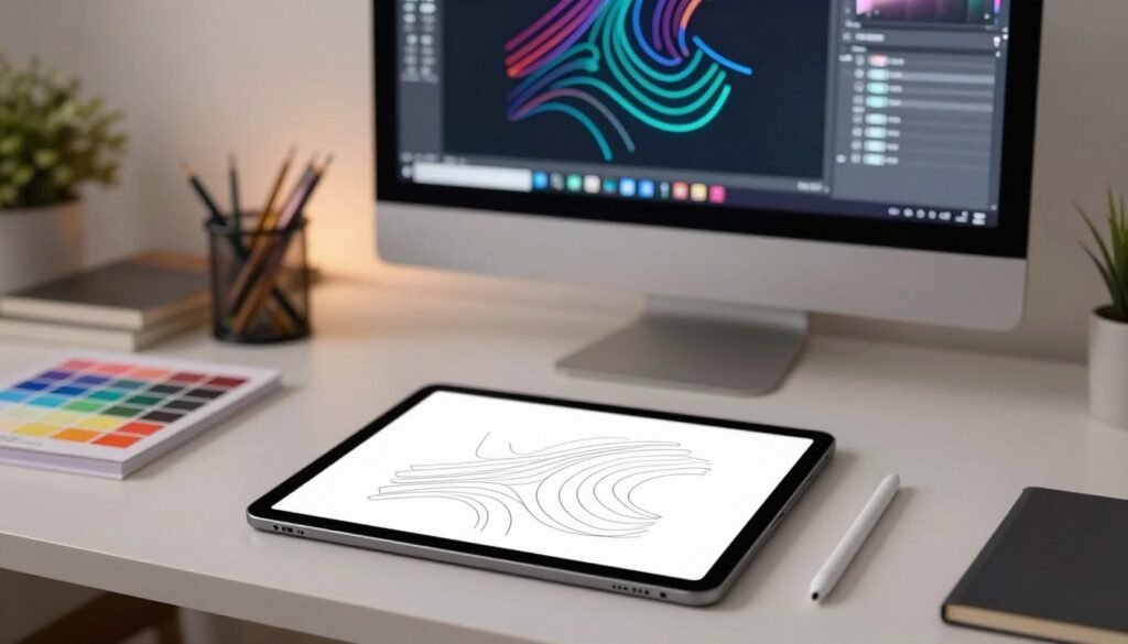 A beautifully organized workspace showcasing a digital illustration process centered on paths in vector design. In the foreground, a sleek tablet displays intricate vector paths and curves, with the stylus gently resting beside it. The middle ground features a modern computer screen, illuminated with a vibrant graphic software interface, highlighting the paths tool. In the background, soft ambient lighting creates a calm atmosphere, while a well-designed, minimalistic room enhances focus. Use a shallow depth of field to emphasize the tablet and screen, creating a professional, inviting mood suited for graphic design. Ideal angle captures the workspace from a slight elevation, providing an overview of creative tools, like color swatches and design books, subtly blending into the scene without overcrowding. A beautifully organized workspace showcasing a digital illustration process centered on paths in vector design. In the foreground, a sleek tablet displays intricate vector paths and curves, with the stylus gently resting beside it. The middle ground features a modern computer screen, illuminated with a vibrant graphic software interface, highlighting the paths tool. In the background, soft ambient lighting creates a calm atmosphere, while a well-designed, minimalistic room enhances focus. Use a shallow depth of field to emphasize the tablet and screen, creating a professional, inviting mood suited for graphic design. Ideal angle captures the workspace from a slight elevation, providing an overview of creative tools, like color swatches and design books, subtly blending into the scene without overcrowding.