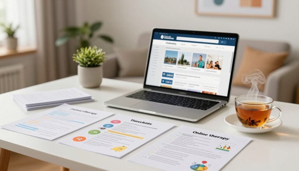 A bright, modern workspace filled with a variety of organized worksheets and resources related to online therapy. In the foreground, there's a neatly arranged desk featuring colorful worksheets with engaging graphics and prompts for mental health exercises, alongside a cup of steaming herbal tea. The middle ground shows a laptop open to an online therapy platform, with clear visuals of digital resources displayed on the screen. The background is softly blurred to reveal a cozy, inviting room with plants and calming artwork on the walls, creating a tranquil atmosphere. The lighting is warm and soft, evoking a sense of comfort and focus, as if inviting users to explore mental health tools and engage in therapeutic activities. A bright, modern workspace filled with a variety of organized worksheets and resources related to online therapy. In the foreground, there's a neatly arranged desk featuring colorful worksheets with engaging graphics and prompts for mental health exercises, alongside a cup of steaming herbal tea. The middle ground shows a laptop open to an online therapy platform, with clear visuals of digital resources displayed on the screen. The background is softly blurred to reveal a cozy, inviting room with plants and calming artwork on the walls, creating a tranquil atmosphere. The lighting is warm and soft, evoking a sense of comfort and focus, as if inviting users to explore mental health tools and engage in therapeutic activities.