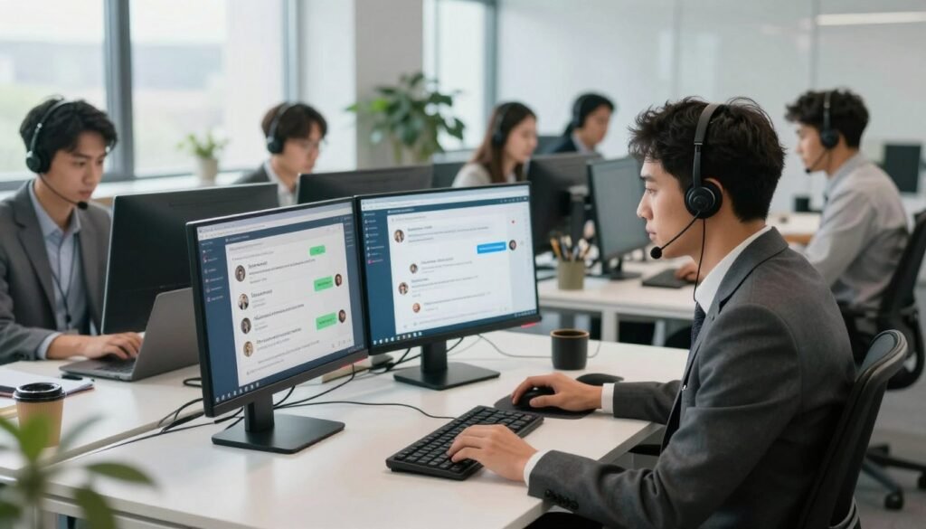 A bustling office environment showcasing a modern live chat support setup. In the foreground, a professional in business attire sits at a sleek, contemporary desk, intently engaged in a live chat conversation on a dual-monitor setup. The screens display vibrant chat interfaces with customer inquiries. In the middle ground, various team members can be seen collaborating, using headsets and laptops, illustrating teamwork and efficiency. The background reveals a stylish office with large windows, letting in plenty of natural light, creating a bright and inviting atmosphere. The overall mood is dynamic and focused, reflecting a high-tech customer support environment. Use soft lighting to enhance productivity and warmth throughout the scene. A bustling office environment showcasing a modern live chat support setup. In the foreground, a professional in business attire sits at a sleek, contemporary desk, intently engaged in a live chat conversation on a dual-monitor setup. The screens display vibrant chat interfaces with customer inquiries. In the middle ground, various team members can be seen collaborating, using headsets and laptops, illustrating teamwork and efficiency. The background reveals a stylish office with large windows, letting in plenty of natural light, creating a bright and inviting atmosphere. The overall mood is dynamic and focused, reflecting a high-tech customer support environment. Use soft lighting to enhance productivity and warmth throughout the scene.