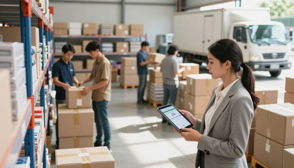 A bustling warehouse environment featuring diverse retailers engaged in B2B fulfillment activities. In the foreground, a professional woman in business attire inspects items on a shelf while holding a tablet, displaying efficient inventory management. In the middle ground, diverse employees are seen coordinating shipments and organizing packages, emphasizing teamwork and collaboration. The background showcases rows of neatly organized goods and a delivery truck parked outside, symbolizing the shipping aspect. The lighting is bright and even, mimicking a productive daytime atmosphere with shadows softly cast. The scene conveys a sense of efficiency, professionalism, and a modern retail logistics environment, capturing the essence of EDI compliance in retail fulfillment. A bustling warehouse environment featuring diverse retailers engaged in B2B fulfillment activities. In the foreground, a professional woman in business attire inspects items on a shelf while holding a tablet, displaying efficient inventory management. In the middle ground, diverse employees are seen coordinating shipments and organizing packages, emphasizing teamwork and collaboration. The background showcases rows of neatly organized goods and a delivery truck parked outside, symbolizing the shipping aspect. The lighting is bright and even, mimicking a productive daytime atmosphere with shadows softly cast. The scene conveys a sense of efficiency, professionalism, and a modern retail logistics environment, capturing the essence of EDI compliance in retail fulfillment.