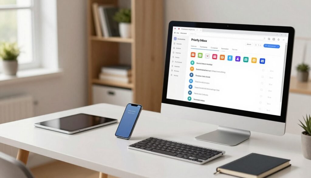A clean and modern digital workspace illustrating a "Priority Inbox" for managing social media messages. In the foreground, a sleek computer screen displays an organized inbox interface, with colorful email icons signifying different social media interactions. In the middle, a stylish desk with high-tech accessories such as a smartphone, a tablet, and a stylish notebook, reflects an efficient workspace. The background features soft-focus shelves filled with books and plants, creating a warm, inviting atmosphere. Natural daylight streams in from a nearby window, enhancing the professional yet approachable mood. Use a wide-angle lens effect to capture the entire setup, emphasizing clarity and precision in the digital inbox elements, allowing viewers to sense the importance of effective engagement and message management in social media.