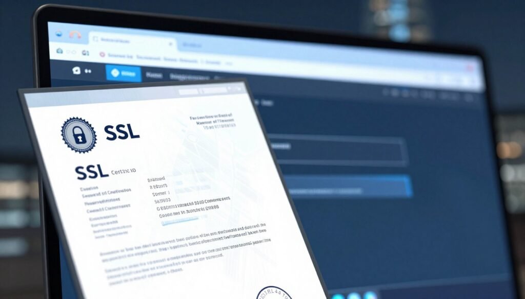 A close-up view of an SSL certificate displayed prominently in the foreground, showcasing intricate details like the security seal, digital signatures, and unique serial numbers. The middle ground features a modern computer interface, with soft blue light illuminating a browser window that indicates a secured HTTPS connection. In the background, a blurred cityscape symbolizes technological advancement and trust in online security. The lighting is bright and professional, invoking a sense of reliability and security. The atmosphere is focused and informative, giving off a sense of credibility and technology. The overall composition should feel modern with clean lines and a sleek design, ensuring a clear attention to the SSL certificate itself. A close-up view of an SSL certificate displayed prominently in the foreground, showcasing intricate details like the security seal, digital signatures, and unique serial numbers. The middle ground features a modern computer interface, with soft blue light illuminating a browser window that indicates a secured HTTPS connection. In the background, a blurred cityscape symbolizes technological advancement and trust in online security. The lighting is bright and professional, invoking a sense of reliability and security. The atmosphere is focused and informative, giving off a sense of credibility and technology. The overall composition should feel modern with clean lines and a sleek design, ensuring a clear attention to the SSL certificate itself.