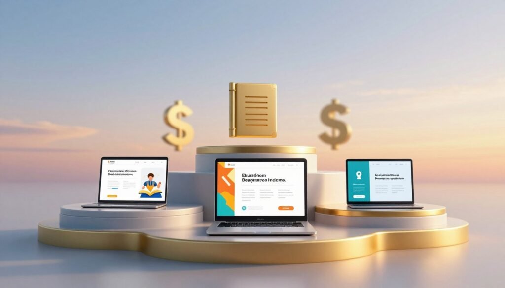 A detailed image of multiple layered price platforms, each step showcasing different educational program costs. In the foreground, several distinct platforms rise, with each one adorned with various icons representing skills and courses, such as books, certificates, and a digital tablet. The middle ground features softly blurred currency symbols to suggest financial aspects. In the background, a gradient sky transitions from blue to orange, evoking a feeling of aspiration. The image is well-lit, with a golden hour glow highlighting the edges of the platforms, casting gentle shadows. The atmosphere is professional yet inviting, emphasizing the idea of thoughtful investment in education. No text or captions are included.